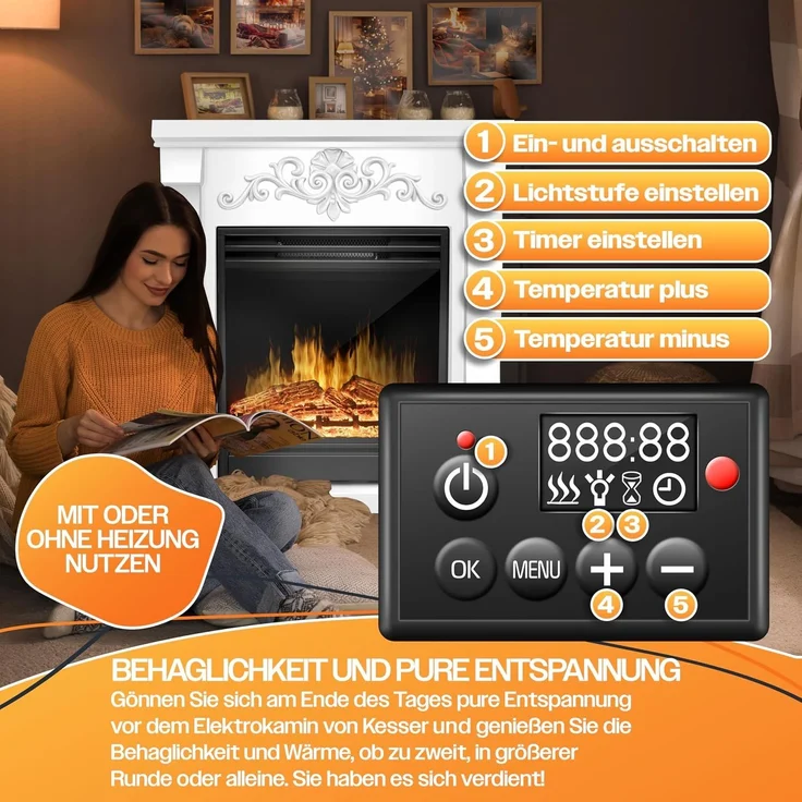 KESSER® Elektrokamin Standkamin - Kamin elektrisch mit LED 3D-Flammeneffekt, Mit Heizung Heizfunktion, Elektro Kamin mit 1800W Leistung, Wochentimer, Thermostat, Fernbedienung, dimmbar Villa / Weiß – Bild 8