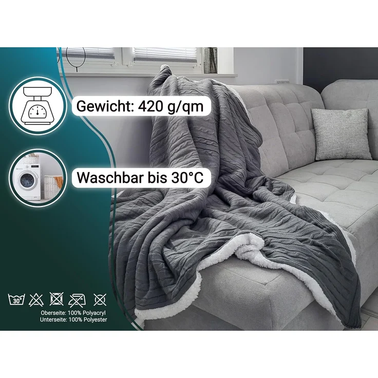 ZOLLNER Wendedecke Lammfellimitat-Strickdecke, ca. 150x200, grau – Bild 4