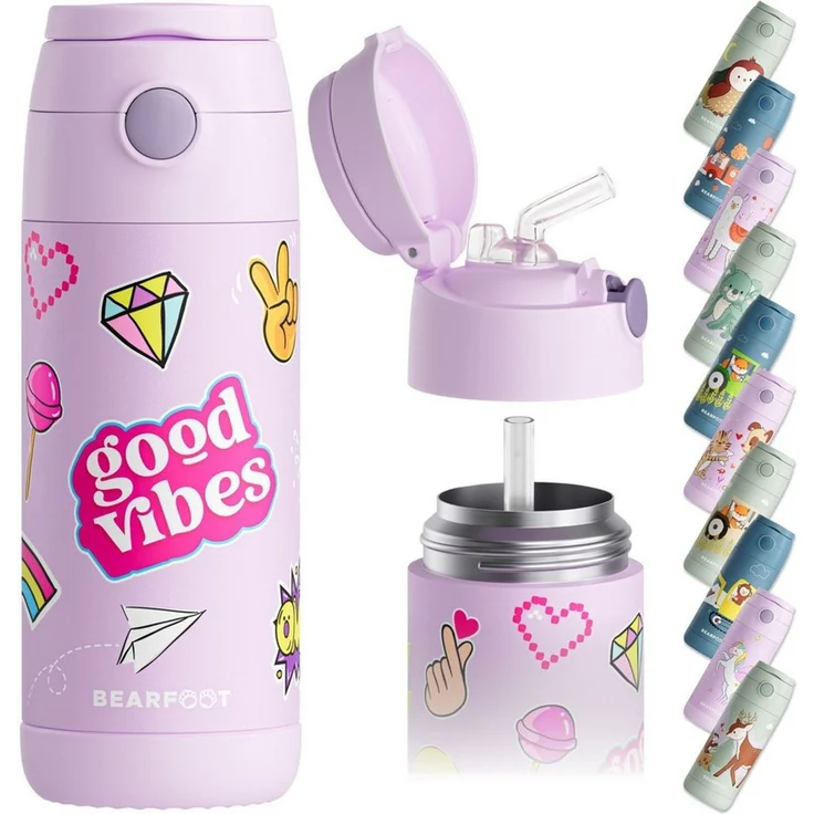 BEARFOOT Trinkflasche Thermo Kinder Trinkflasche Edelstahl - Sticker lila, Thermosflasche, auslaufsicher, Edelstahl, Kinderflasche, BPA-frei – Bild 1