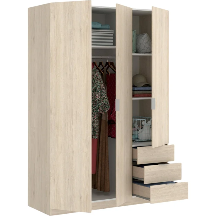 Dmora Kleiderschrank 3 Türen Astru, Kleiderbügel für Schlafzimmer, 3-Schubladen-Kleiderschrank, 121x52h184 cm, Eiche – Bild 6