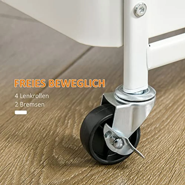 HOMCOM Servierwagen mit 3 Ebenen Küchenwagen mit Rollen Griff Rollwagen mit Haken und Korb, Küchenregal, Allzweckwagen für Küche Büro Badezimmer, Weiß – Bild 6