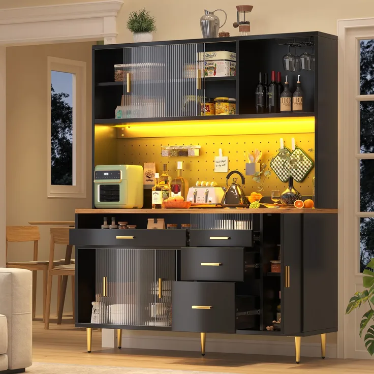 Merax 171cm Hochschränke fürs Wohnzimmer, Küchenschrank, Esszimmerschrank, Schränke mit LED-Beleuchtung, Hoher Schrank mit Lochwandregalen, schwarz