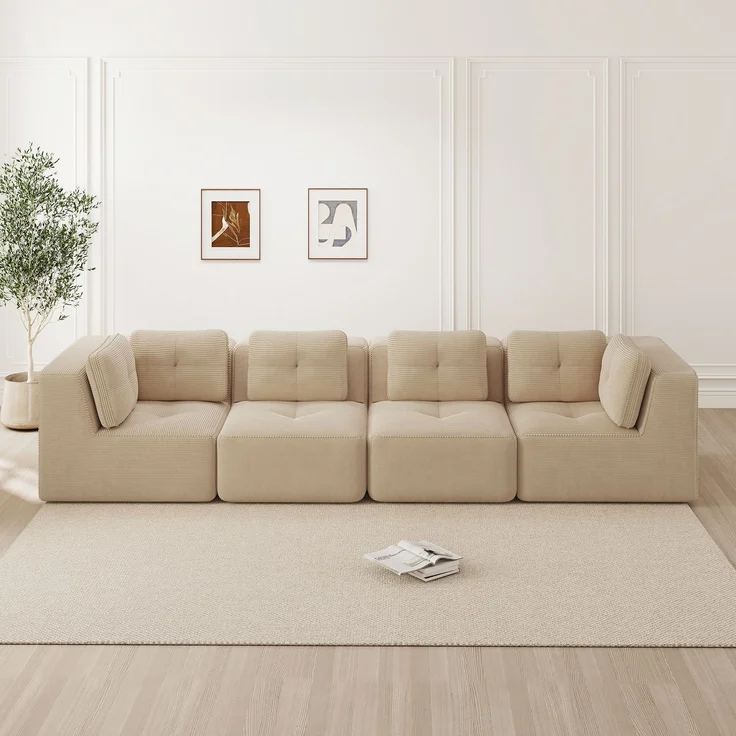 EINHOM Rahmenloses Wohnzimmersofa , modulares Ecksofa mit Eckelement, bequemes Viersitzer-Sofa mit tiefer Sitzfläche und weichen Kissen und Cordbezug, kein Aufbau erforderlich, rutschfestes Design, Beige – Bild 4