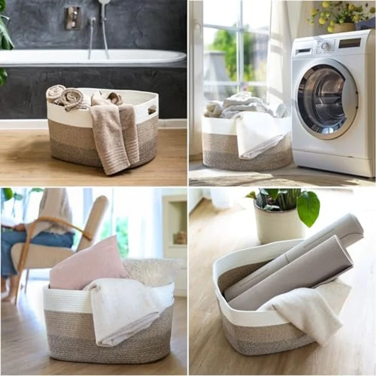 HMF Aufbewahrungskorb XXL Wäschekorb aus Baumwolle, 71 Liter, eckiger Aufbewahrungskorb mit Griffmulden, 55 x 43 x 30 cm, Weiß-Braun – Bild 7