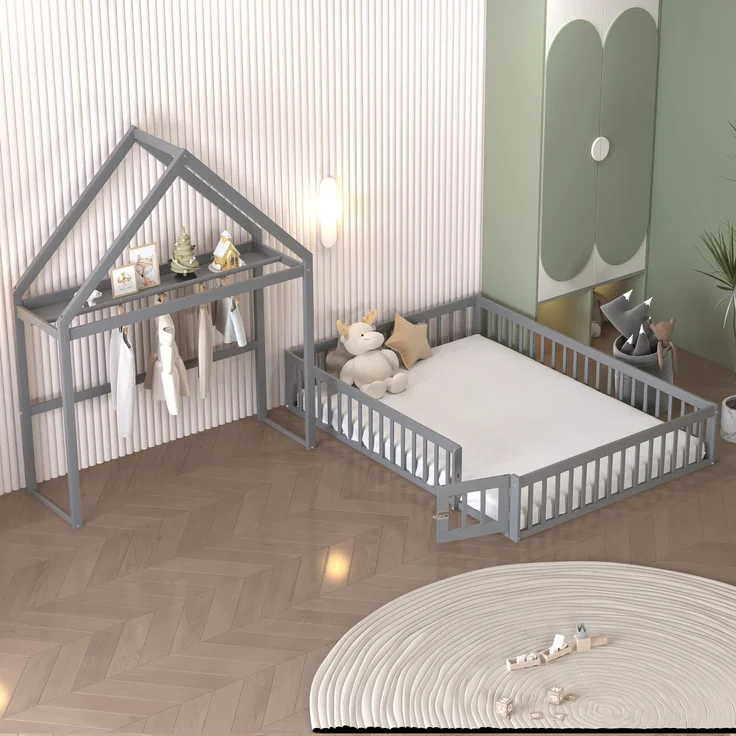 Kinderbett 140 x 200, Kinderbettgestell aus Massivholz mit Stauraum, Vollschutzgitter und Türen und Lattenrost, Grau – Bild 2