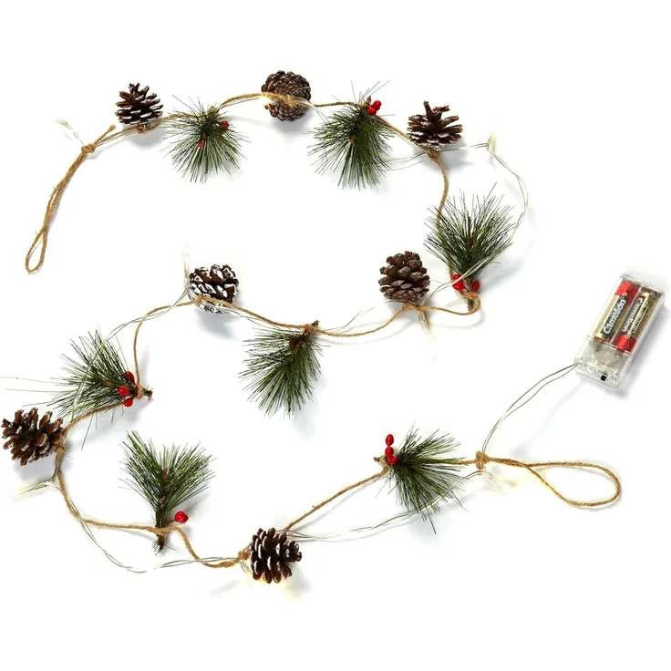 HEITMANN DECO LED-Lichterkette mit Tannenzapfen & Zweigen – 10 warmweiße LEDs, batteriebetrieben – Weihnachtsdeko für Innenräume, Braun