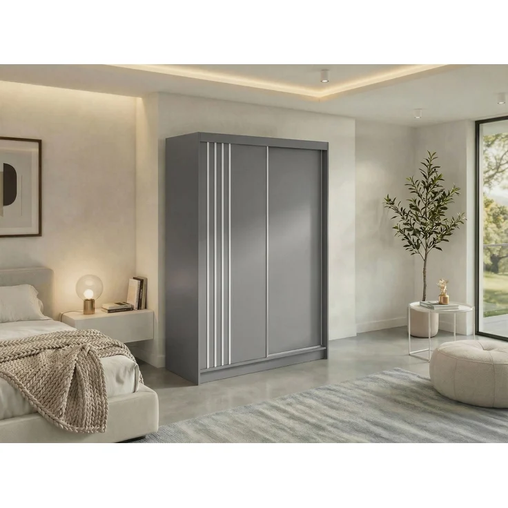 Schwebetürenschrank NAURU mit Lamellen-Optik, moderner Kleiderschrank, Breite 150 cm, inkl. Innenausstattung & Stauraum, Akustikpaneel-Design - Grau und Weiß – Bild 1