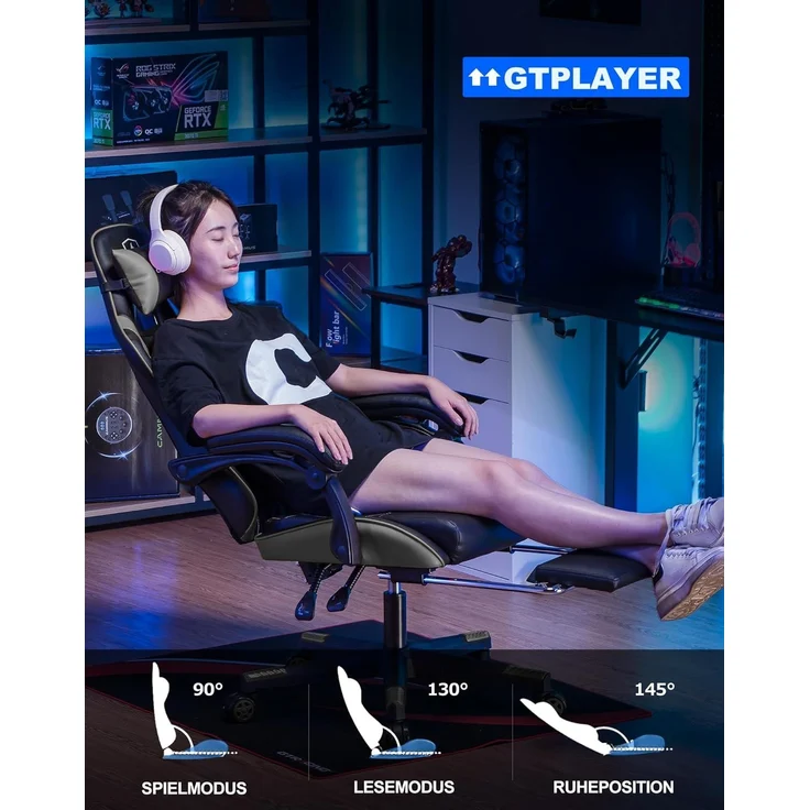 GTPLAYER Gaming Stuhl, Gamer Stuhl, Ergonomischer Bürostuhl mit mit Fußstütze verstellbare Lenden und Kopfkissen, Gaming Chair Gepolstert, Gaming Sessel 150 kg Belastbarkeit grau – Bild 4