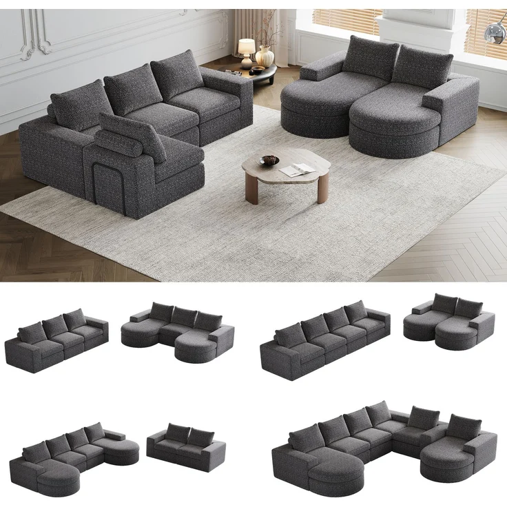 Modulares Sofa H 81 x T 251 x B 160 cm aus Chenille in Grau mit verstellbarer Chaiselongue – Bild 10