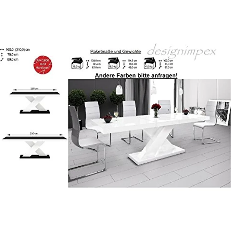 designimpex Esstisch Design Tisch HE-888 Weiß Hochglanz ausziehbar 160 bis 210 cm – Bild 8