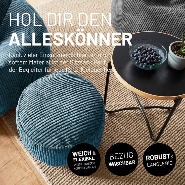 Lumaland Pouf Sitzhocker Cord Ablage kompakt 25x45 cm, pflegeleicht, Indoor Relaxen – Bild 3