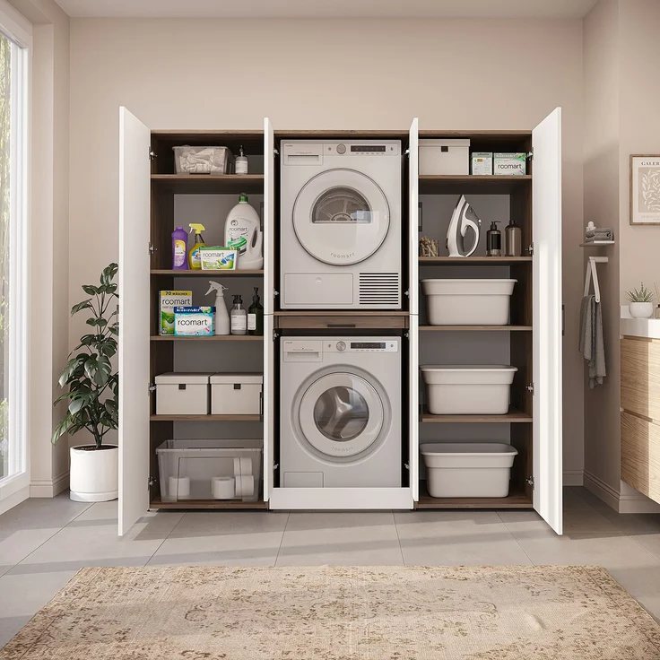 Roomart Waschmaschinenschrank - DORA-I- 190 cm breit - Wasch- & Trocknerschrank mit 2 Hochschränken, Türen & Ausziehbrett, Waschmaschinen-Überbau für Waschküche & Hauswirtschaftsraum • Weiß-Eiche – Bild 4