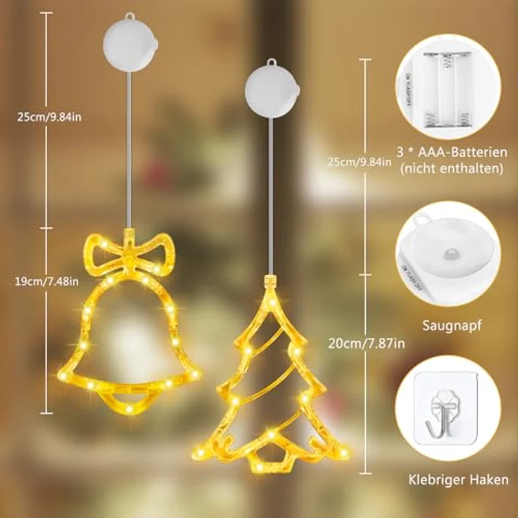 OUILA 4er Set LED Weihnachtsdeko Fenster, Stern + Weihnachtsbaum + Glocke Weihnachtsstern Fenster Batterie und Timer Saugnapf Lichterkette für Fensterbeleuchtung Weihnachten Innen Weihnachtsgeschenke – Bild 5