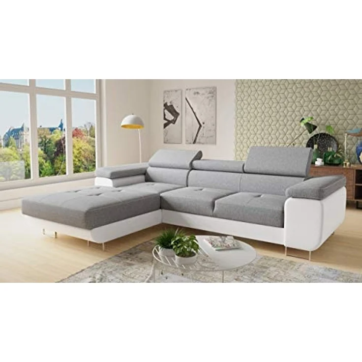 Ecksofa Divo mit Schlaffunktion, Bettkasten und einstellbare Kopfstützen (Weiß + Grau (Soft 017 + Sawana 21), Ecksofa Links) – Bild 2