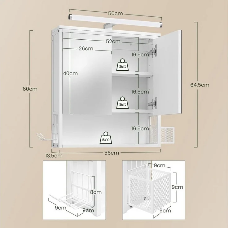 EUGAD Badezimmerschrank mit LED-Beleuchtung, Badezimmerschrank mit Spiegel, Badschrank hängend, mit Verstellbarer Ablage, Halter Korb, Metall MDF, Weiß, 56 x 13,5 x 65 cm – Bild 3