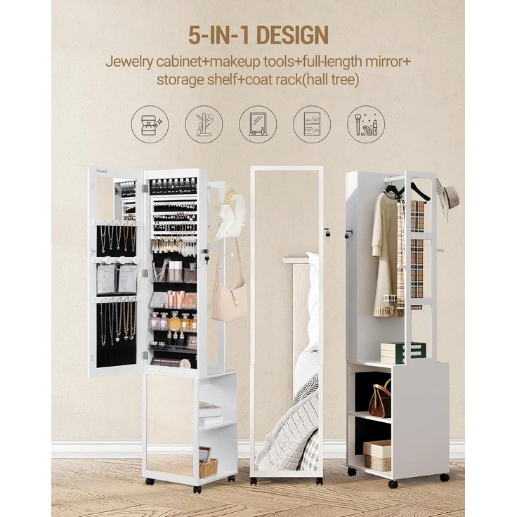 Schmuckschrank, Schmuck Spiegelschrank, schmuck spiegelschrank stehendstehender Schmuck-Organizer mit 1 Kleiderständer, 3-stufige Ablageflächen mit 4 Kleiderhaken, Weiß und Schwarz – Bild 3