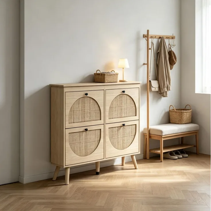 DESVIAE Garderobenschrank Schuhschrank Naturholz aus Spanplatte/Rattan – 105x97,5x24 cm – 4 Klappfächer