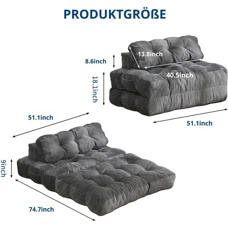 GarveeMore Schlafsofa 3-in-1 Sessel Sofa Bett mit Kissen für Wohnzimmer, 1 Teile, ausgeklappt 190x130 cm, Cordstoff, Schwarz/Weiß/Grau – Bild 4