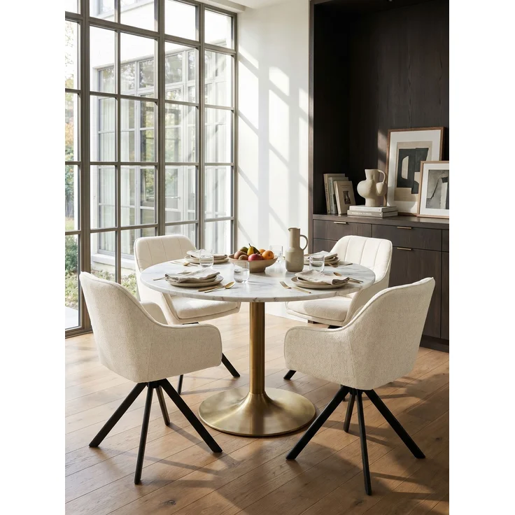 GOEURVANT 1437 Esszimmerstühle 6er-Set mit Armlehnen, 360° Drehbar, Chenille - Creme – Bild 3