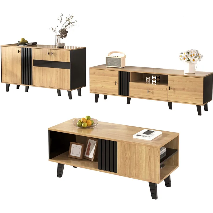 EINHOM Wohnzimmermöbel Set 3-Teilig – Couchtisch, TV-Schrank & Sideboard – Modernes Design in Holz und Schwarz – Viel Stauraum, Stilvolle Eleganz für Jedes Zuhause