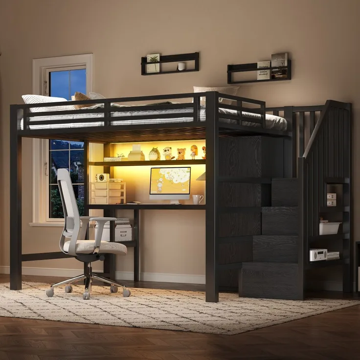 Hochbett mit RGB LED-Streifen, Schreibtisch, Treppe, Regal, Lattenrost und Kleiderschrank, 140x200 cm, Kinderbett mit Rausfallschutz, Metallbett