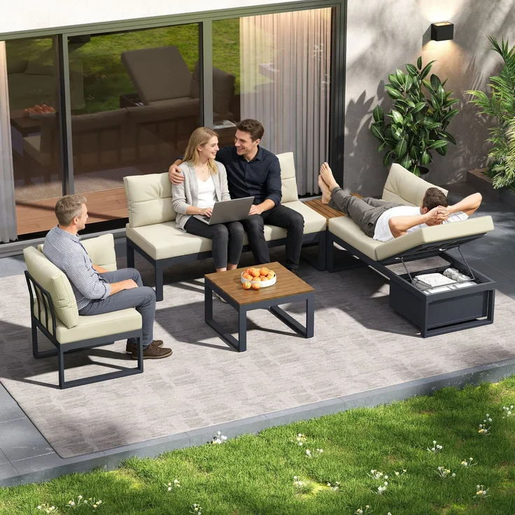 LVHOM Modulares 5-tlg. Gartenmöbel-Set, Gartensofa in L-Form mit verstellbarer Rückenlehne und Stauraum, Wetterfeste Sitzgruppe für Terrasse, Beige – Bild 8