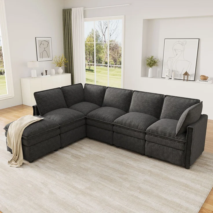 ZUBALIYA Wohnlandschaft 127x91 cm, mit Chenille - Bezug, mit Samtbezug, mit breiten Armlehnen, modular aufgebaut, Beige – Bild 4