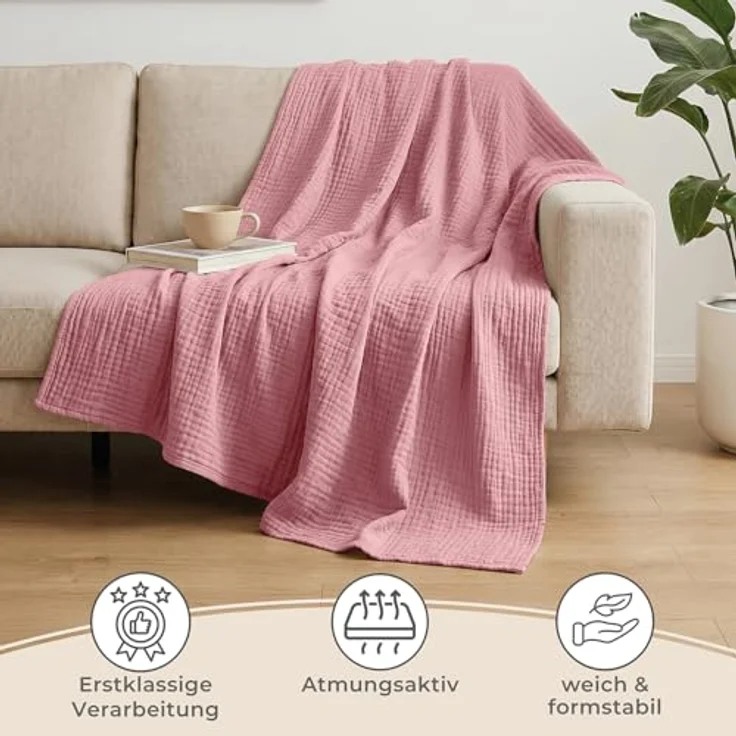 LAYNENBURG Premium Musselin Tagesdecke 180x220 cm - 100% Baumwolle - extraweiche Baumwolldecke als Kuscheldecke, Bett-Überwurf, Sofa-Überwurf, Couch-Überwurf - warme Sofa-Decke (Altrosa) – Bild 6