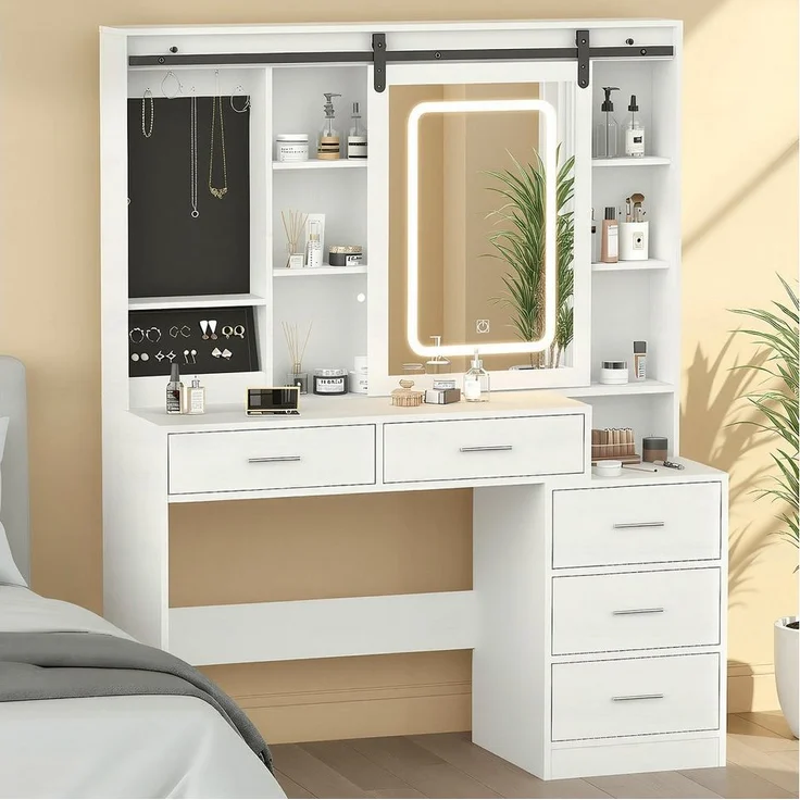 oyajia Schminktisch mit LED-Beleuchtung, Schiebespiegel (mit 5 Schubladen), 120*40*150cm Moderner,minimalistischer Stil Reichlich Stauraum Stabile – Bild 1