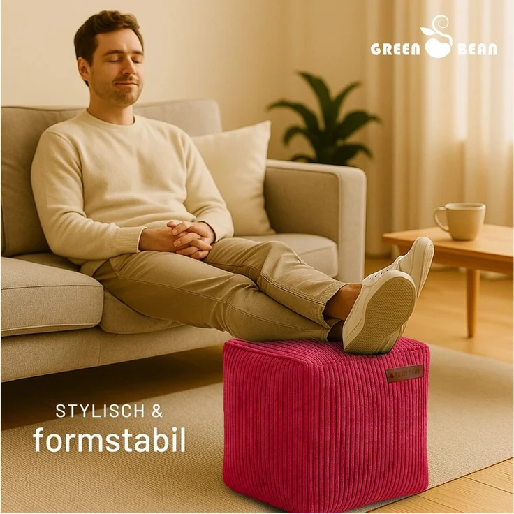 Green Bean Indoor Cord Sitzhocker Pouf Cube 40 x 40 x 40 cm mit EPS-Perlen Füllung - kuschelig weich waschbar - die ideale Ergänzung zum Sitzsack für Kinder & Erwachsene - Rot – Bild 3