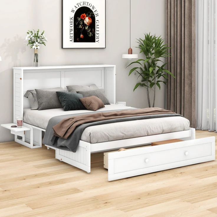 Mobiles Schrankbett mit Schublade & Regalen, 140x200 cm, Weiß – Bild 1