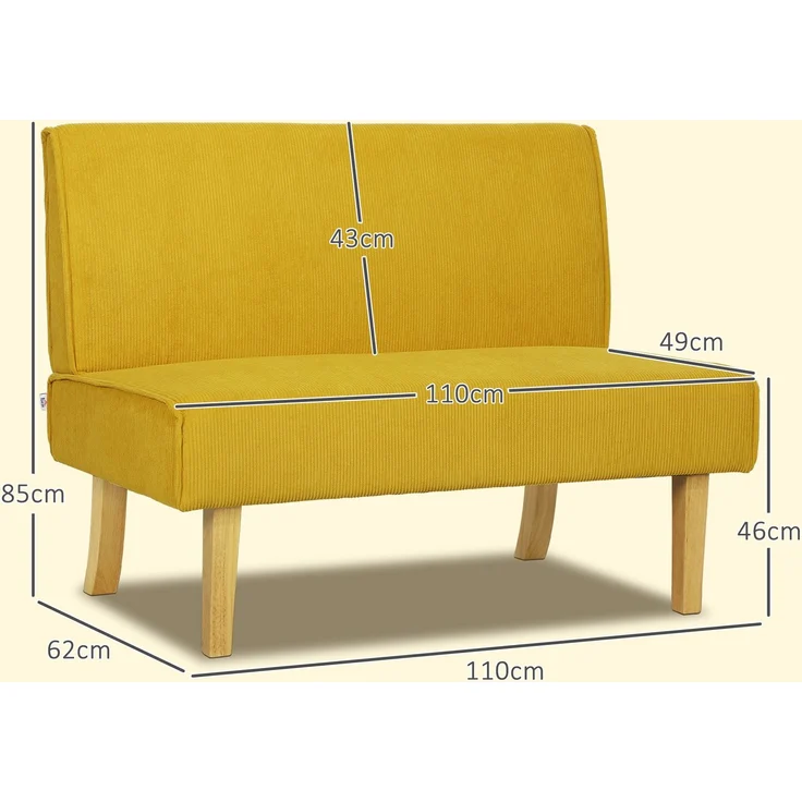 Zweisitzer-Sofa mit Cord-Bezug, dicker Polsterung und soliden Holzbeinen für Wohnzimmer, Schlafzimmer, Büro, Gelb--Gelb--110x62x85cm--YOUDENOVA – Bild 5