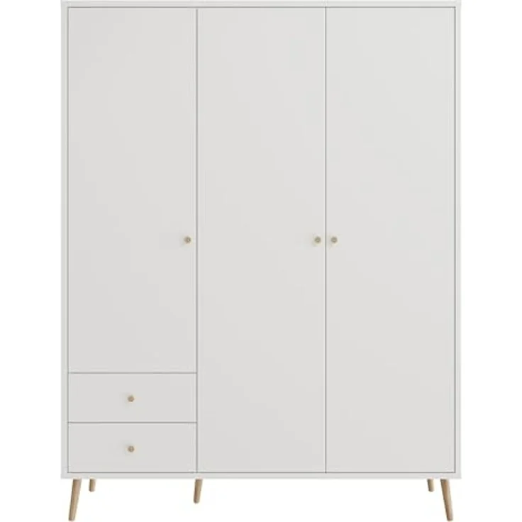 Forte HARLLSON Kleiderschrank 150 160, Mid-Century-Modern Stil, leichte Montage Dank EasyKlix by Forte, 3-türig, 2 Schubladen, Holzwerkstoff, Weiß, 154,2 cm breit x 201,7 cm hoch x 52,2 cm tief – Bild 4