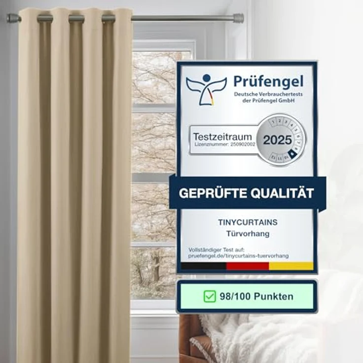 tinycurtains Türvorhang mit Stange silber 70-120 cm Thermo Vorhang ohne Bohren, blickdicht, Ösen, abdunkelnd, Polyester, beige Driftwood, Türgardine mit Klemmstange Raumteiler verdunkelnd – Bild 5