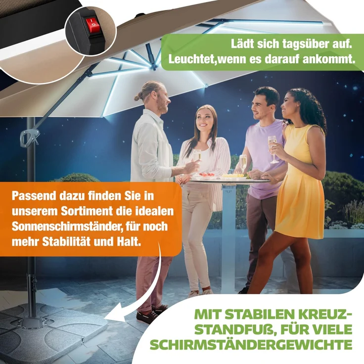 KESSER® Sonnenschirm Ampelschirm SUN XL 300 x 300 cm Inkl. Abdeckung +Windsicherung Drehbar Neigbar Kippbar Marktschirm Groß 360° Rotation, Gartenschirm mit Kurbel Sonnenschutz UV50+ Taupe, Mit LED – Bild 6