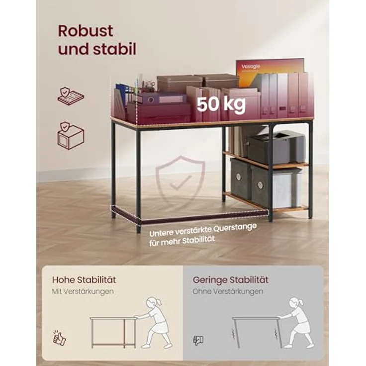 VASAGLE Eckschreibtisch in L-Form, Computertisch mit Stauraum, Bürotisch, höhenverstellbare Ablage, für Homeoffice, mit 2 AC-Steckdosen und 2 USB-Anschlüssen, 120x80 cm, vintagebraun LWD132KD01 – Bild 8
