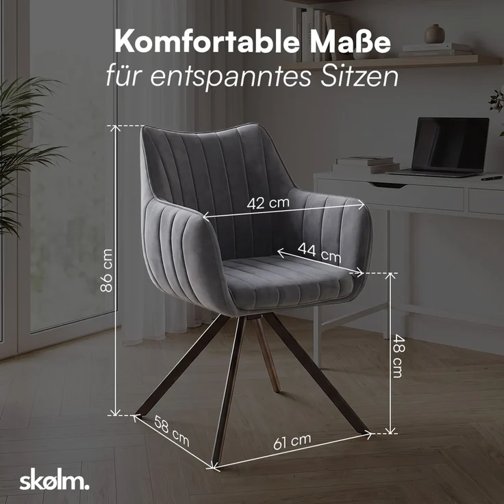 skølm 'Gymir' Esszimmerstühle, 6er Set, anthrazit, gepolsterter Leinenbezug mit Kanalsteppung, drehbar & höhenverstellbar, Polsterstühle mit Armlehnen, bis 150 kg belastbar – Bild 8