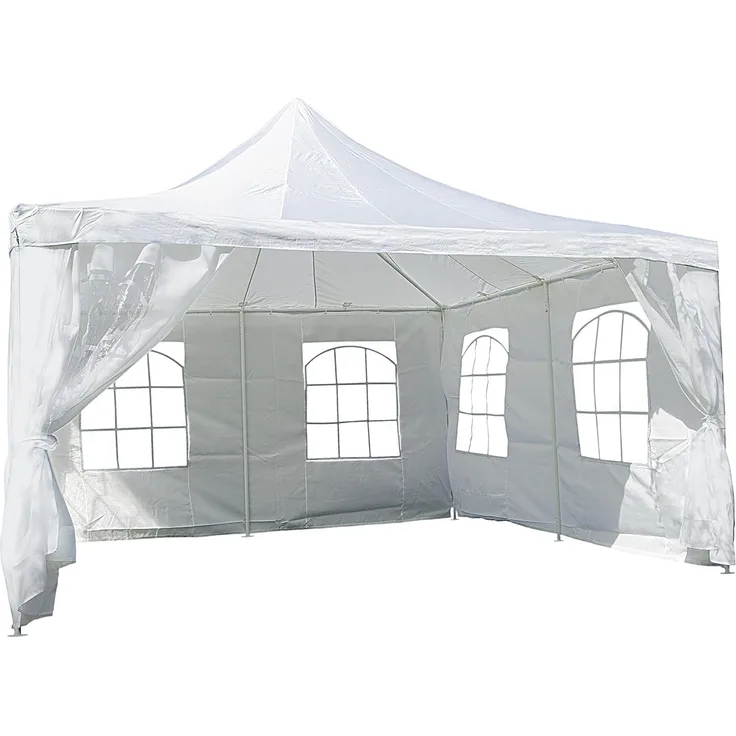 Nexos Hochwertiges Festzelt Partyzelt Pavillon 4 x 4 m weiß mit Seitenteilen für Garten Terrasse Feier Markt als Unterstand Plane wasserdicht PE Dach 250 g m² beschichtete Stahlrohre Polyester