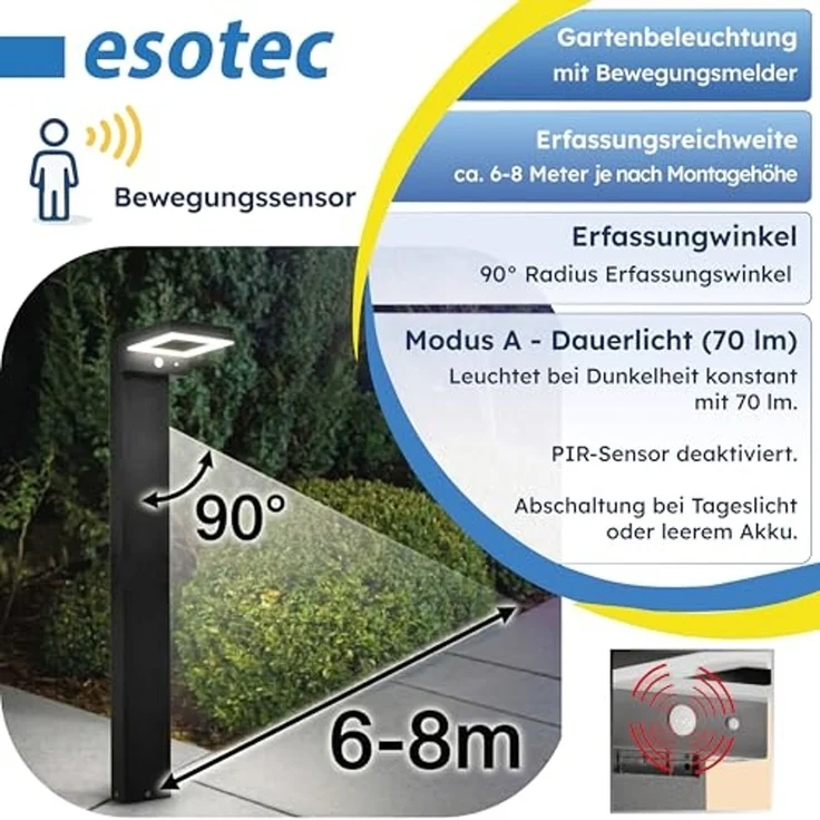 esotec LED Solarleuchte Metall PIR-Standleuchte Stella H80cm 3Modi 40LEDs 3000K Garten 102936, LED fest integriert – Bild 4