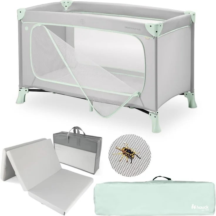 hauck Baby Reisebett Set Dream N Play Plus inkl. Matratze & Insektenschutz | faltbares Kinder Reisebett mit großem Seiteneingang und Tasche – Dusty Mint