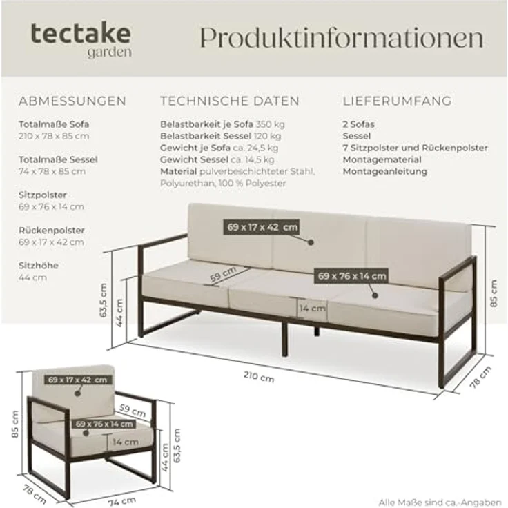 tectake® Gartenlounge Outdoor, 2X Sofa 3 Sitzer 1x Gartensessel, Relaxsessel Garten, Gartenbank, Gartenmöbel, Balkonmöbel, Terrassenmöbel, Wintergarten, Sitzecke Outdoor, Gartenlounge - 7 Sitzplätze – Bild 4