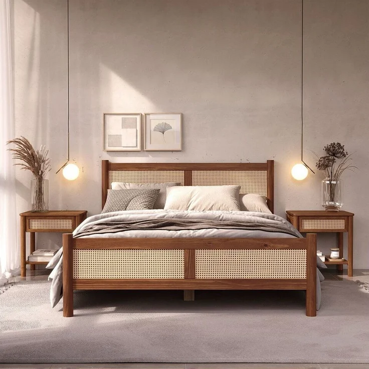 IDIMEX Massivholzbett CEFIRA, Doppelbett 160x200 cm aus Massivholz & Rattangeflecht Kastanie Finish – Bild 1