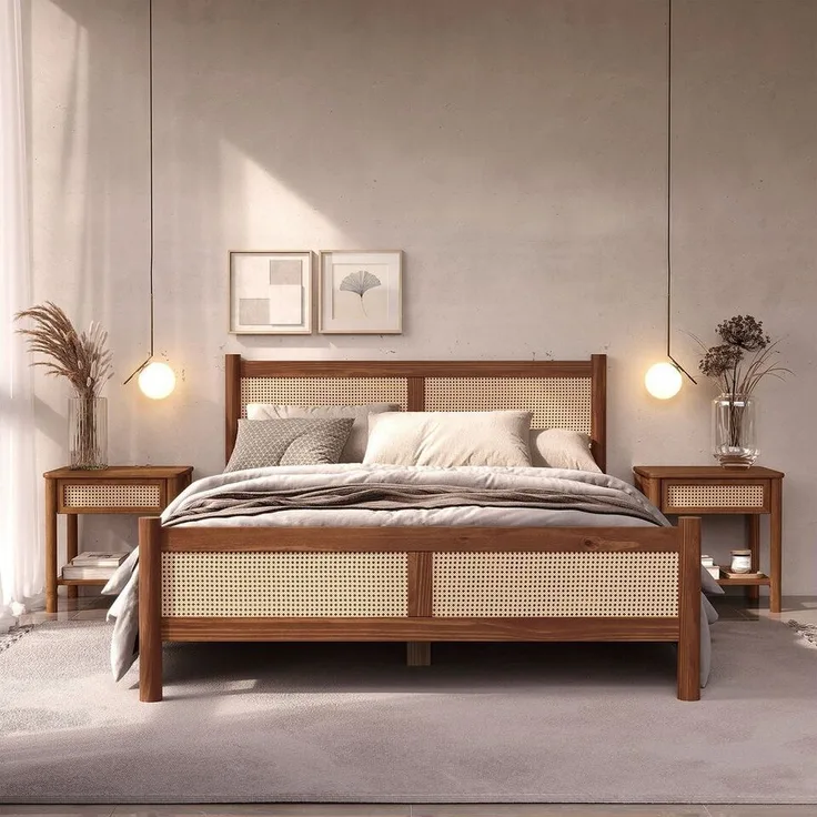 IDIMEX Massivholzbett CEFIRA, Doppelbett 160x200 cm aus Massivholz & Rattangeflecht Kastanie Finish