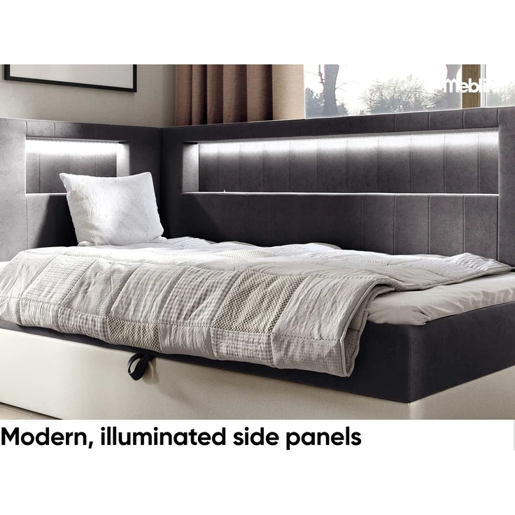 MEBLINI Kinderbett mit Bettkasten GARETH 3 90x200 Links – H3/Dunkelgrau Samt Gepolstert Einzelbett mit Matratze - Polsterbett mit Stauraum - Bett mit Kopfteil – Stauraumbett – Bild 3