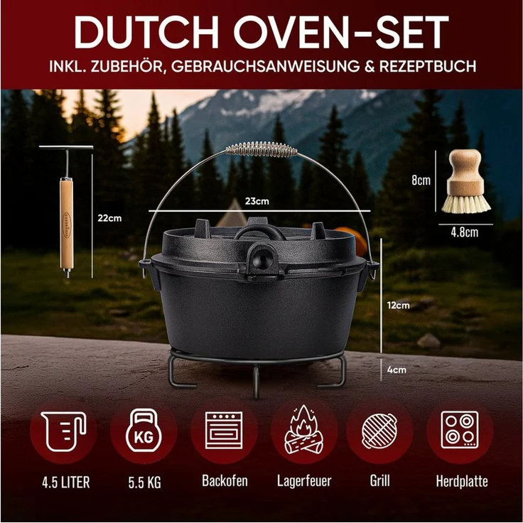 GUSSKÖNIG Schmortopf GUSSKÖNIG Dutch Oven Set 4,5 Liter 2in1 Deckelheber Bürste Rezeptbuch – Bild 2