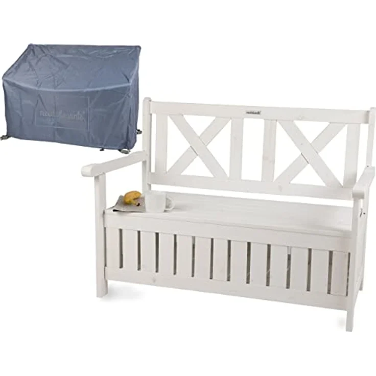 needs&wants Chesty2 Gartenbank Holz wetterfest, 2-Sitzer Truhenbank mit Stauraum und Abdeckung, Massivholz Weiß, 115 cm breit – Bild 1