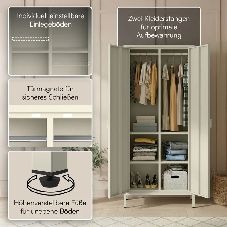 skølm 'Ituri' Kleiderschrank, Metall, 170x45x80 cm, beige, Garderobe mit 4 Fächern und 2 Kleiderstangen – Bild 8