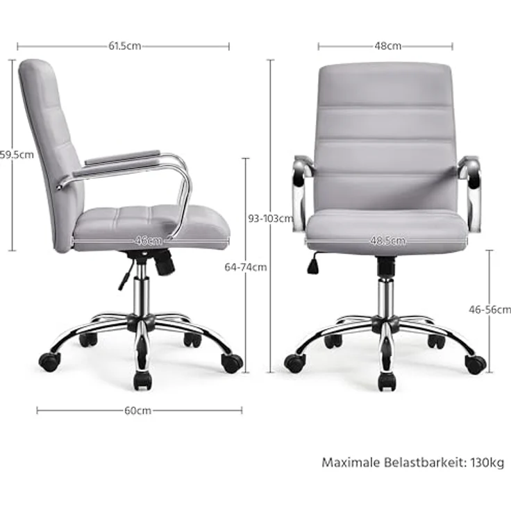 Yaheetech Schreitischstuhl ergonomisch Bürostuhl mit Armlehnen Home-Office Stuhl Drehstuhl mit Rollen Arbeitsstuhl mit Rückenlehne für Büro/Arbeitszimmer Hellgrau – Bild 4