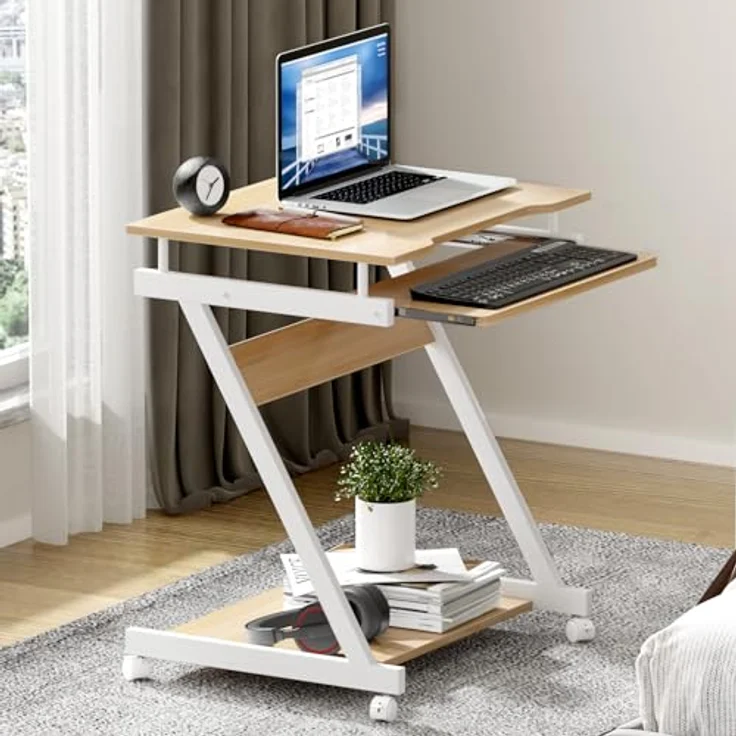 SogesHome Schreibtisch Klein Computertisch mit 4 Rollen 2 Davon mit Bremsen PC-Tisch in Z-Form mit Tastaturauszug für Zuhause und Büro, 60x48 cm – Bild 3