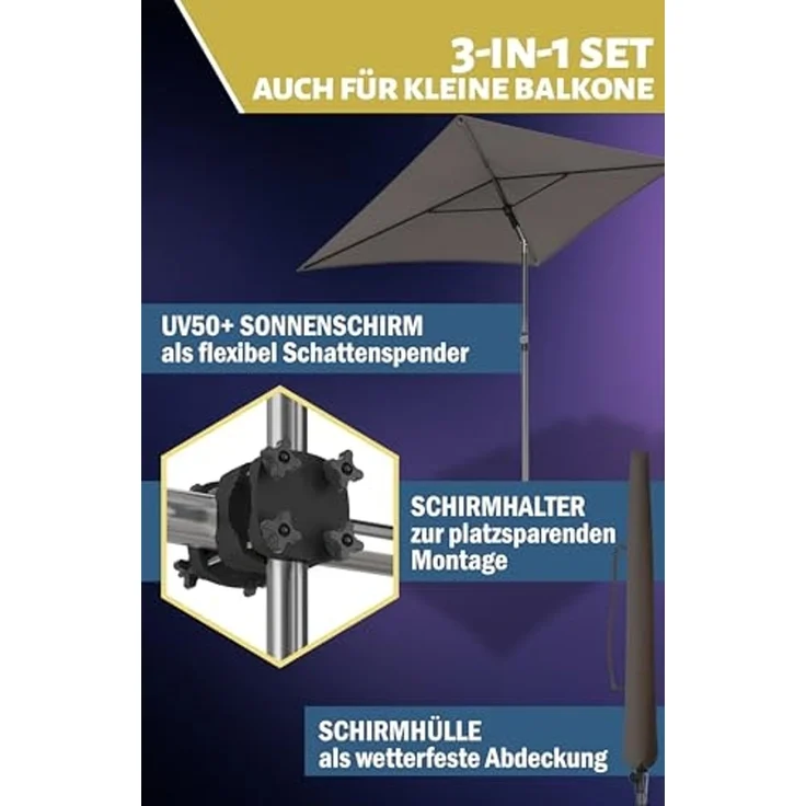 Menz Sonnenschirm Balkon - 3-IN-1 Sonnenschutz Balkon SET in Taupe, UPF 50+ Sonnenschirm rechteckig 200x125 cm + stabiler Sonnenschirmhalter Balkongeländer + Sonnenschirmhülle – Bild 6